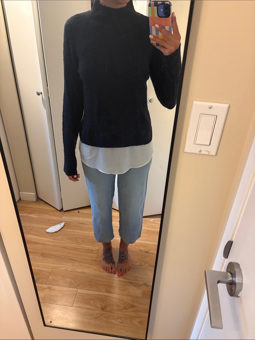 RW&CO. Dark Navy Blue Mock-Turtleneck Sweater with Layered White Hem
